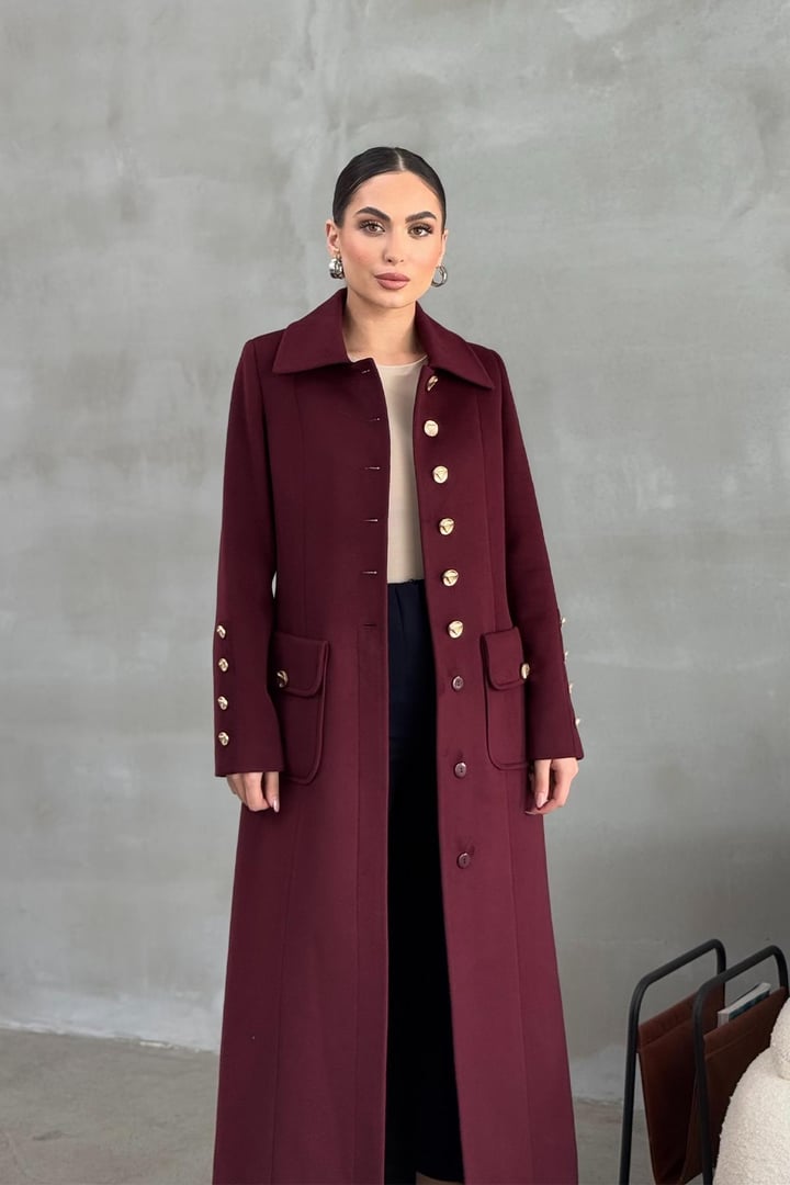Metal Düğme ve Torba Cep Detaylı Kaşmir Manto BORDO 3086