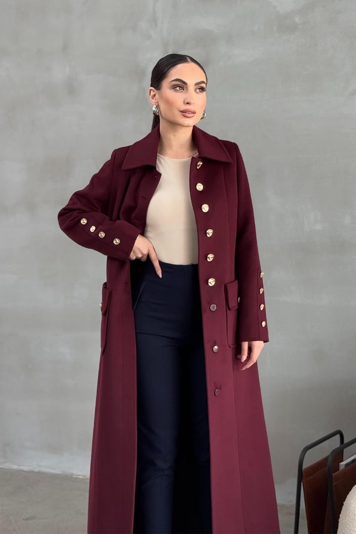 Metal Düğme ve Torba Cep Detaylı Kaşmir Manto BORDO 3086