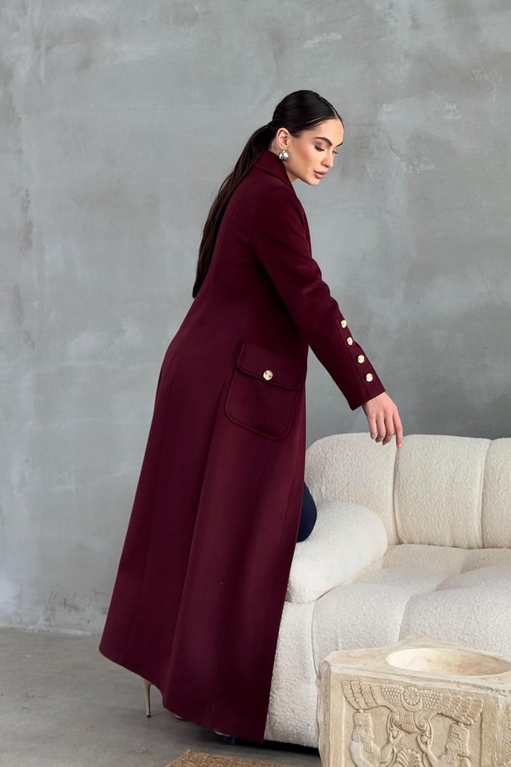Metal Düğme ve Torba Cep Detaylı Kaşmir Manto BORDO 3086