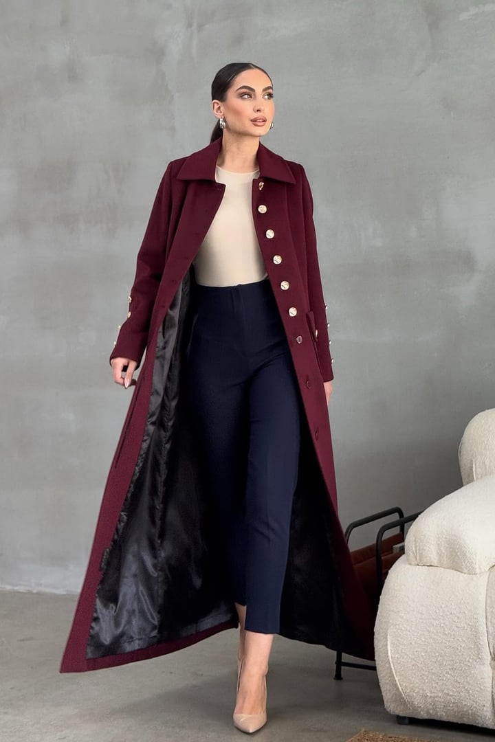 Metal Düğme ve Torba Cep Detaylı Kaşmir Manto BORDO 3086