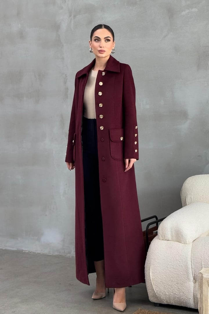 Metal Düğme ve Torba Cep Detaylı Kaşmir Manto BORDO 3086