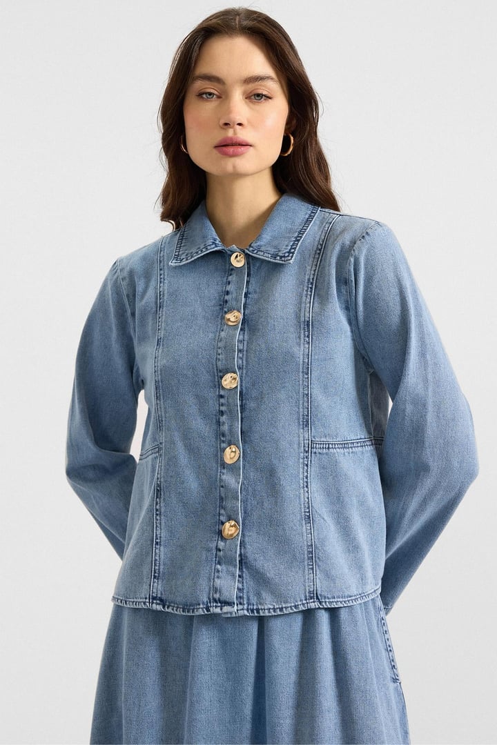 Metal Düğmeli Etek Ceket Denim ikili Takım AÇIK MAVİ 9400-TK