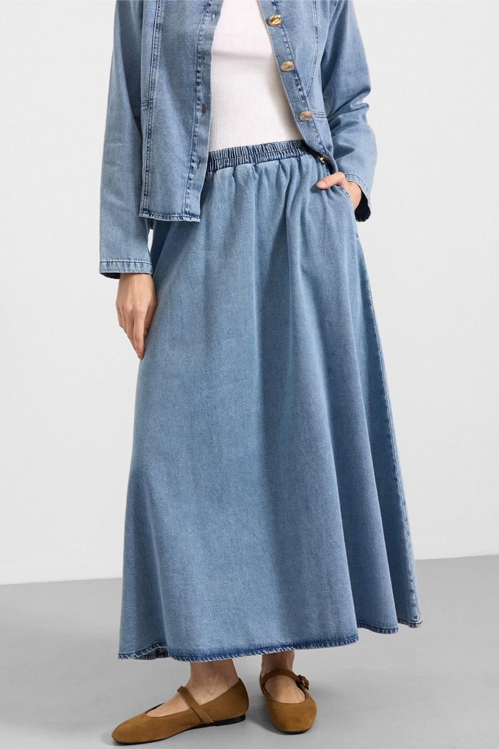Metal Düğmeli Etek Ceket Denim ikili Takım AÇIK MAVİ 9400-TK