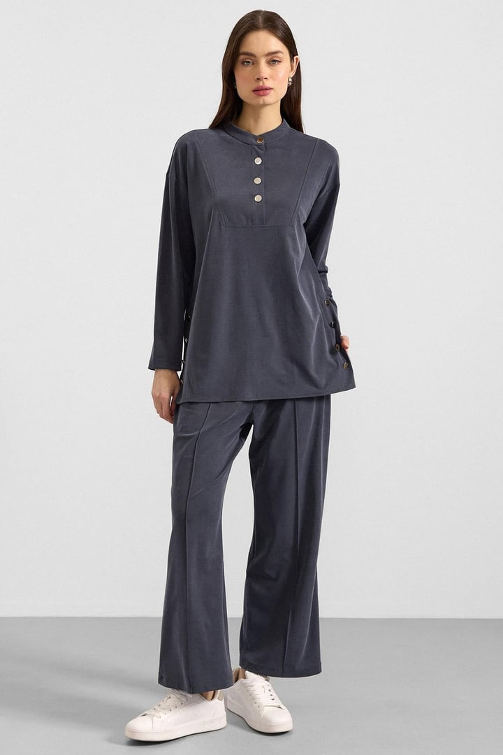 Metal Düğmeli Premium Kumaş Sweat Pantolon Takım LACİVERT 9405-TK