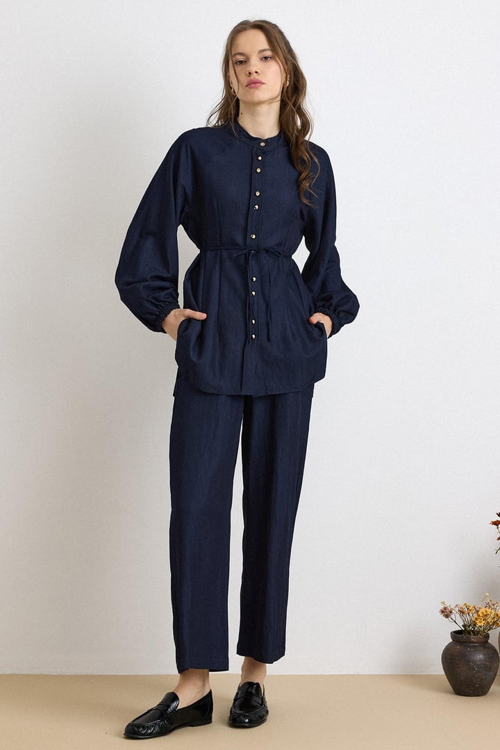 Metal Düğmeli Soft Denim Tunik Pantolon Takım LACİVERT 9426-TK
