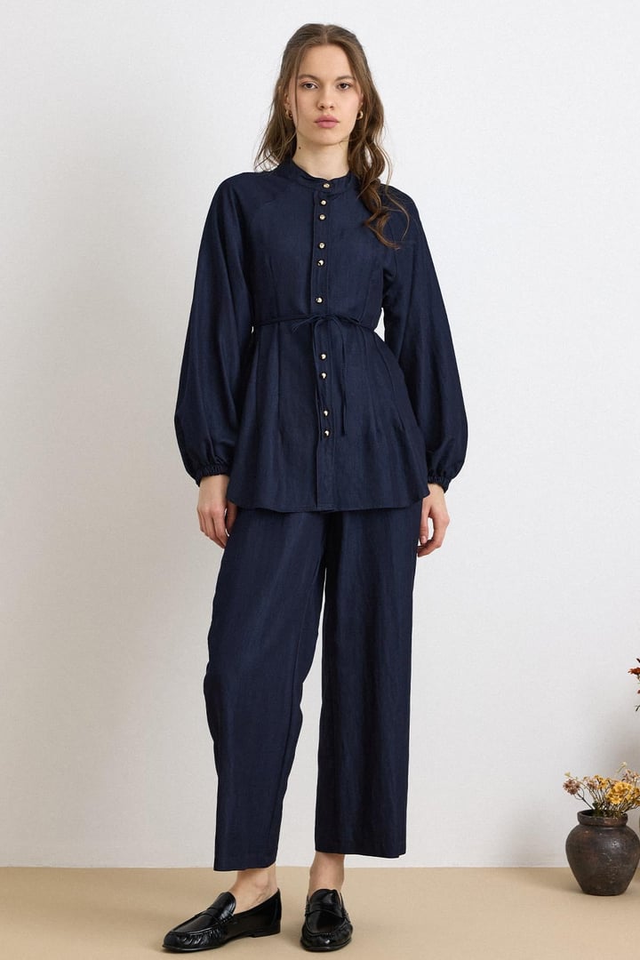 Metal Düğmeli Soft Denim Tunik Pantolon Takım LACİVERT 9426-TK