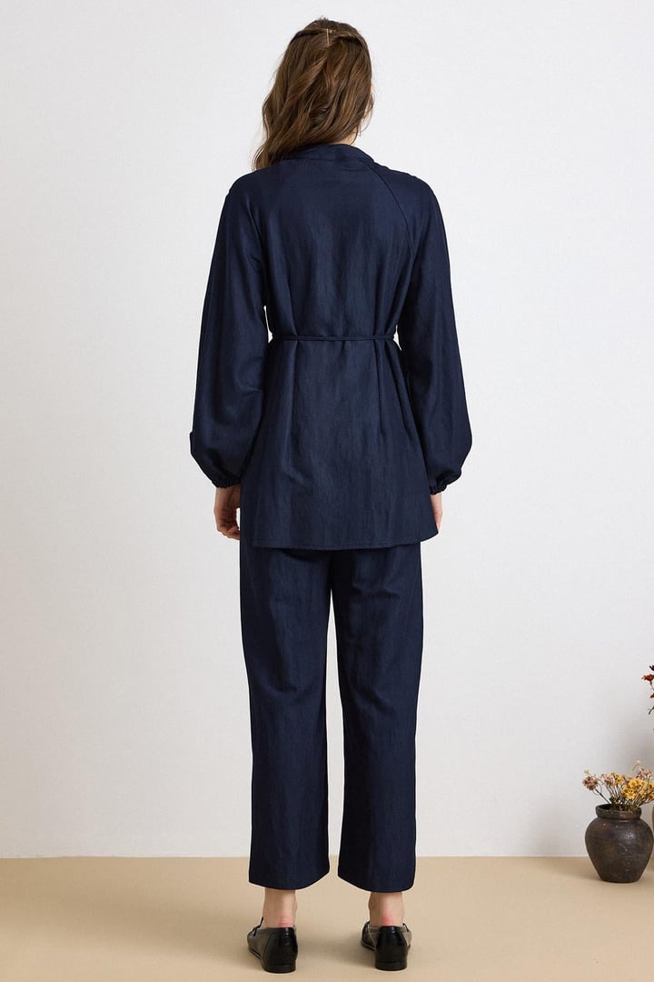 Metal Düğmeli Soft Denim Tunik Pantolon Takım LACİVERT 9426-TK