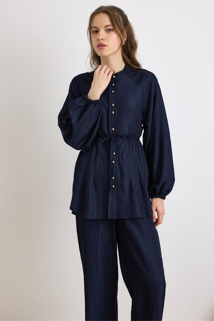 Metal Düğmeli Soft Denim Tunik Pantolon Takım LACİVERT 9426-TK