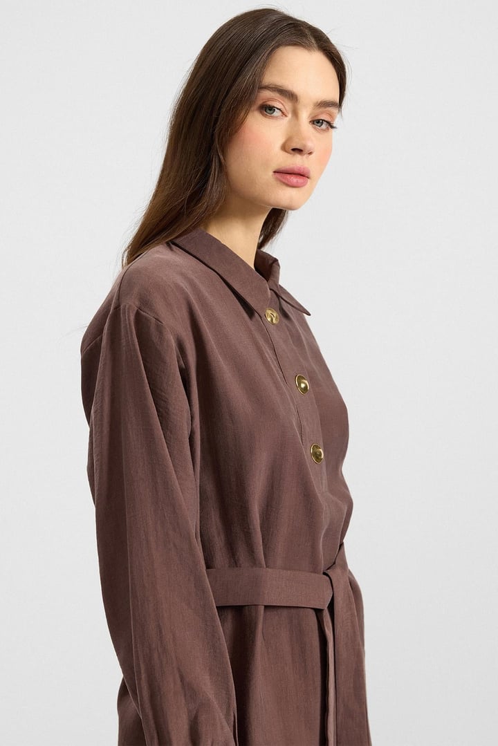 Metal Düğmeli Soft Kumaş Tunik Pantolon İkili Takım KAHVE 9397-TK
