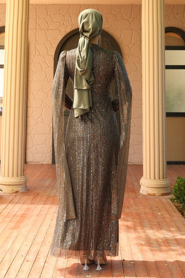 Önü Bağlamalı Pelerin Detaylı Pullu Payetli Tesettür Abiye Elbise KAHVE 1027