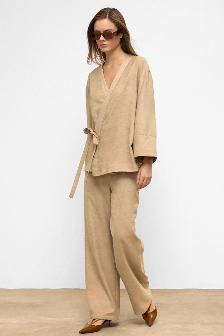Önü Bağlamalı Süet Görünümlü Kimono İkili Takım TAŞ 9366-TK