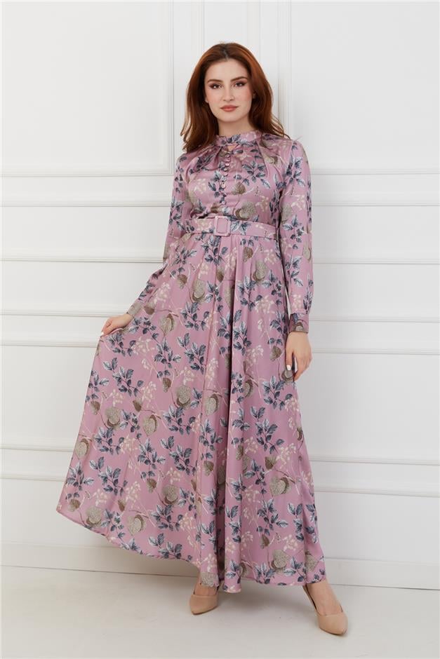 Önü Pileli Düğme Aksesuarlı Saten Elbise PEMBE 9978-EY