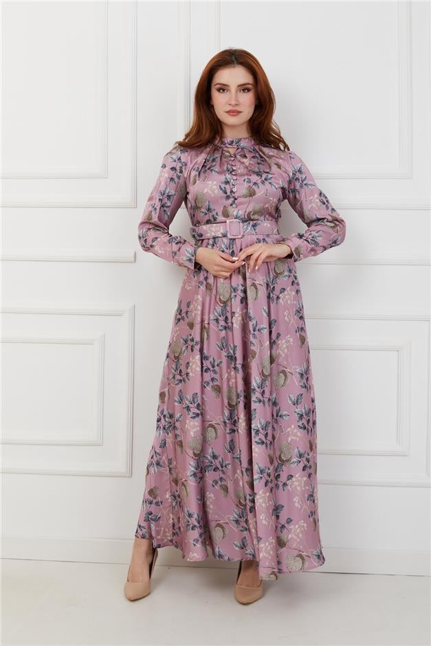 Önü Pileli Düğme Aksesuarlı Saten Elbise PEMBE 9978-EY
