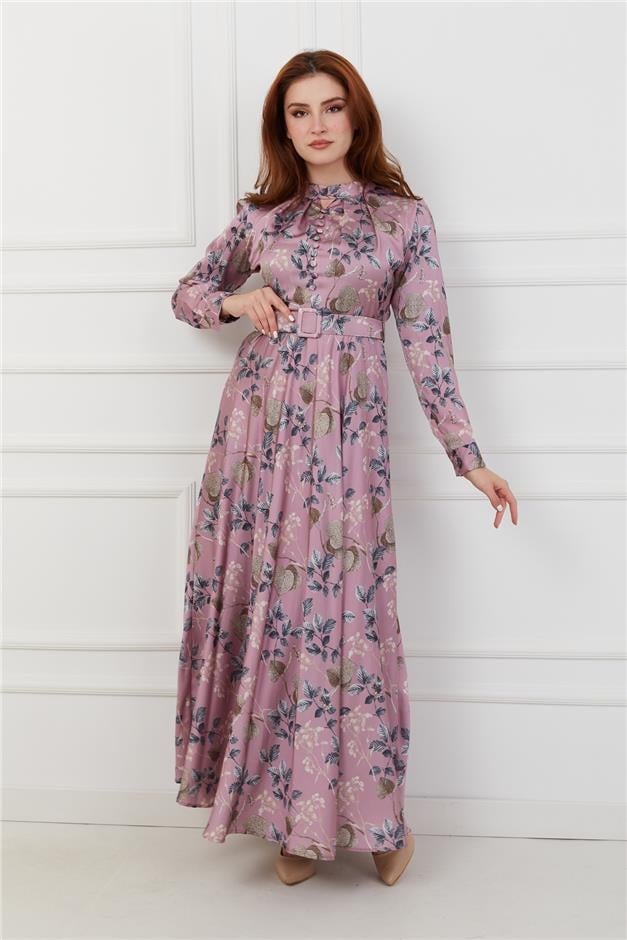 Önü Pileli Düğme Aksesuarlı Saten Elbise PEMBE 9978-EY