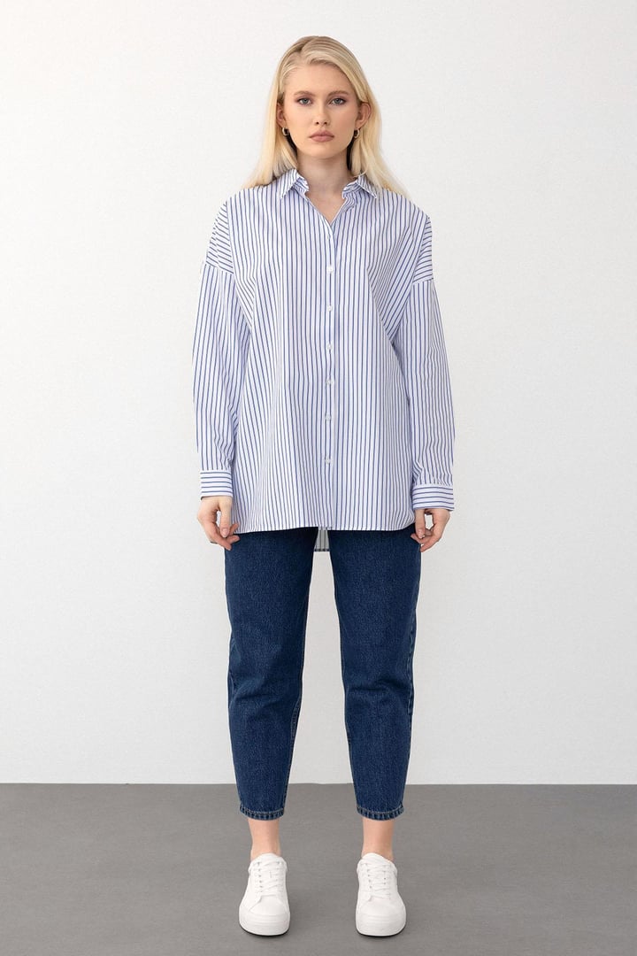 Oversize Basic Gömlek MAVİ-BEYAZ 9281
