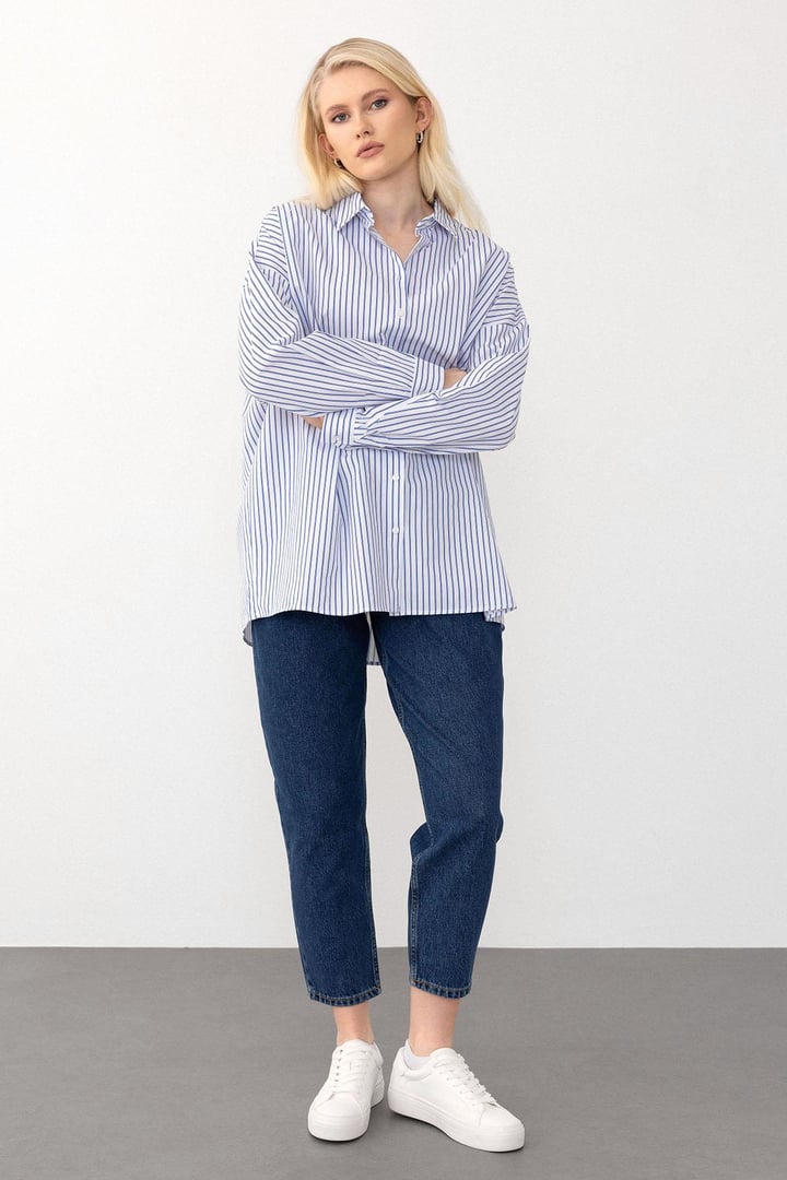 Oversize Basic Gömlek MAVİ-BEYAZ 9281