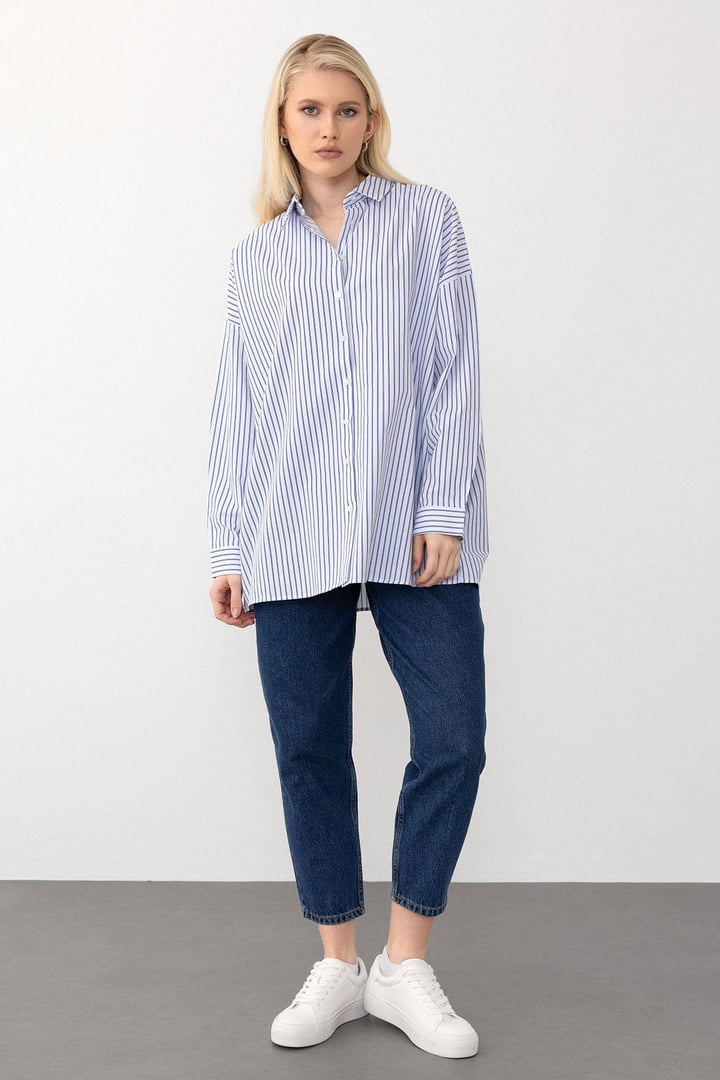 Oversize Basic Gömlek MAVİ-BEYAZ 9281