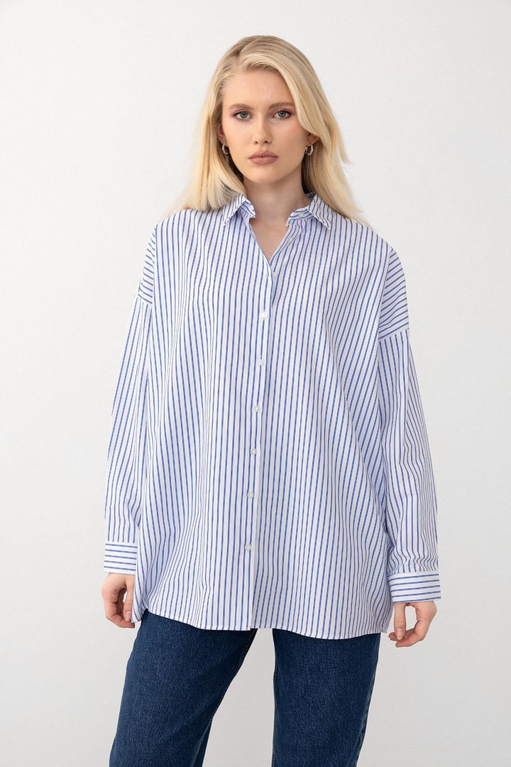 Oversize Basic Gömlek MAVİ-BEYAZ 9281