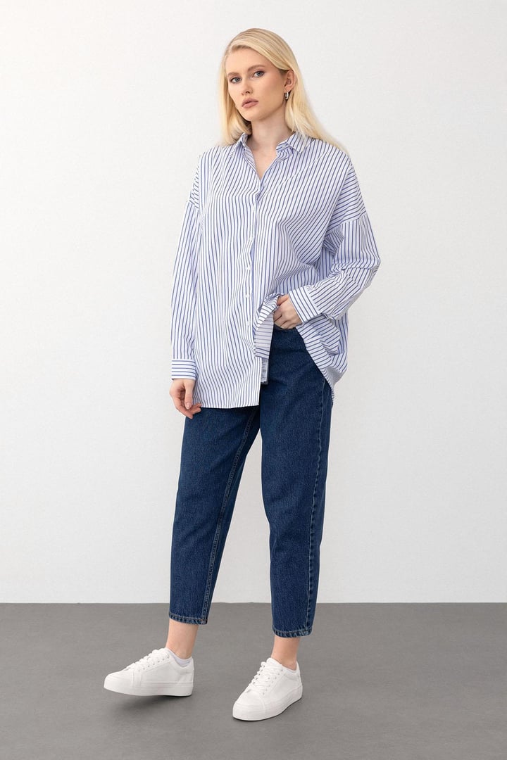 Oversize Basic Gömlek MAVİ-BEYAZ 9281