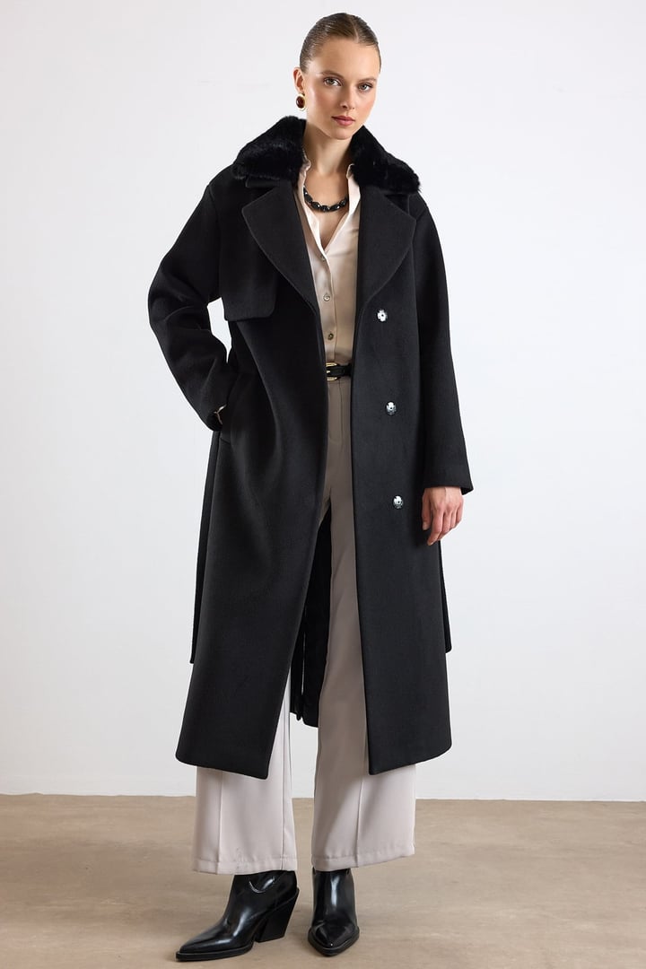 Oversize Çıkabilen Kürklü Düşük Kol  Kaban SİYAH 3178