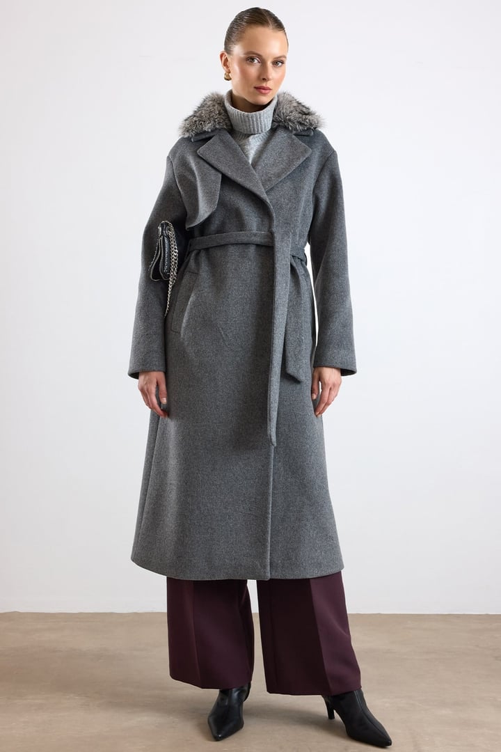 Oversize Çıkabilen Kürklü Düşük Kol  Kaban KOYU GRİ 3178