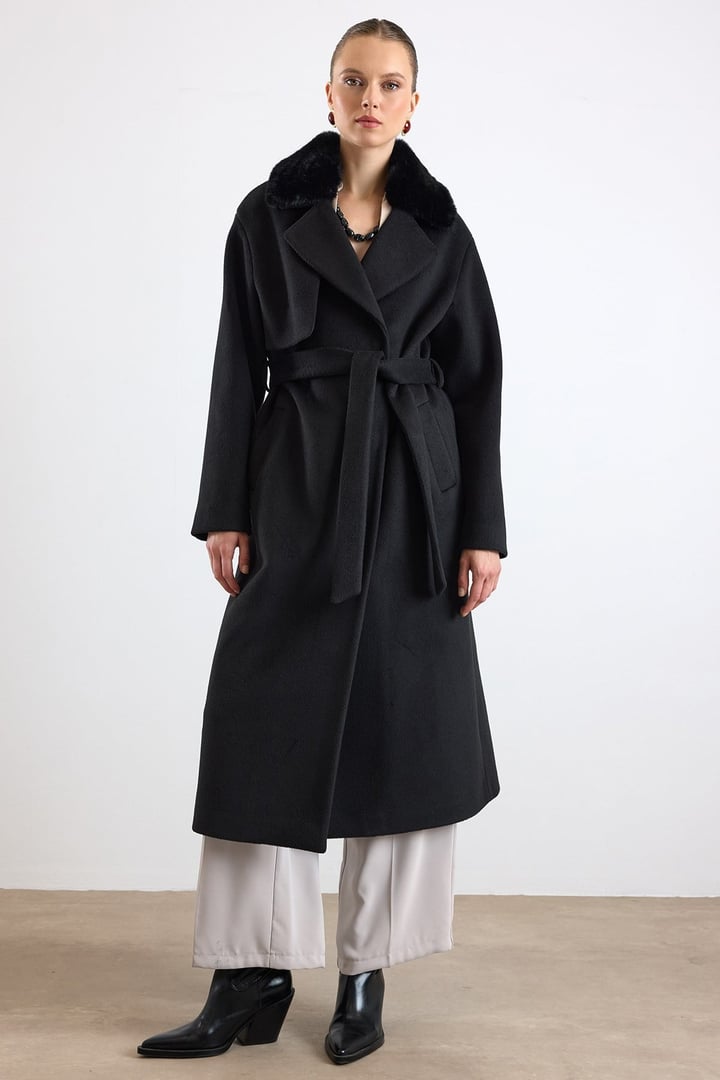 Oversize Çıkabilen Kürklü Düşük Kol  Kaban SİYAH 3178