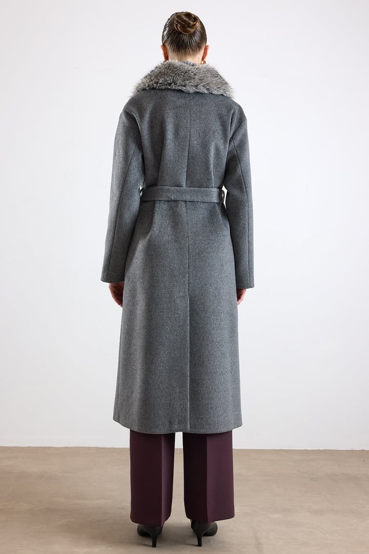 Oversize Çıkabilen Kürklü Düşük Kol  Kaban KOYU GRİ 3178
