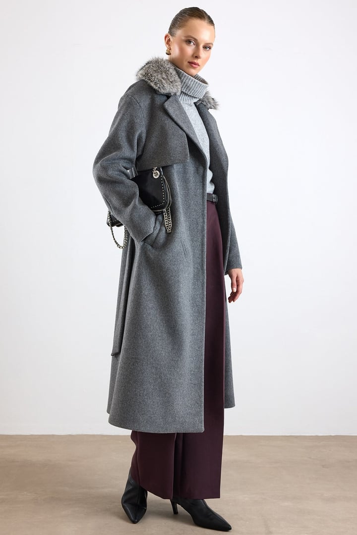 Oversize Çıkabilen Kürklü Düşük Kol  Kaban KOYU GRİ 3178