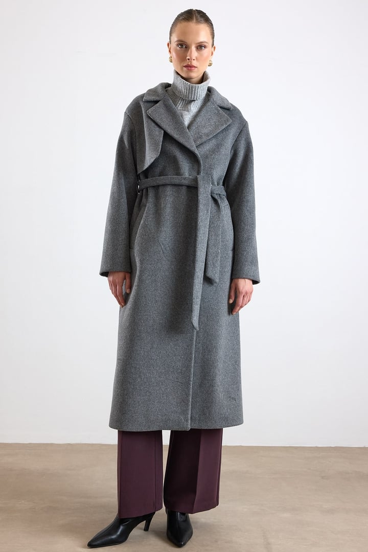 Oversize Çıkabilen Kürklü Düşük Kol  Kaban KOYU GRİ 3178