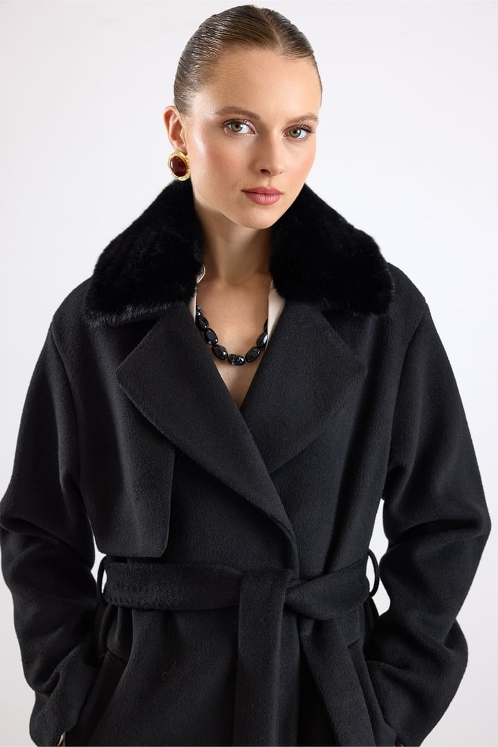 Oversize Çıkabilen Kürklü Düşük Kol  Kaban SİYAH 3178