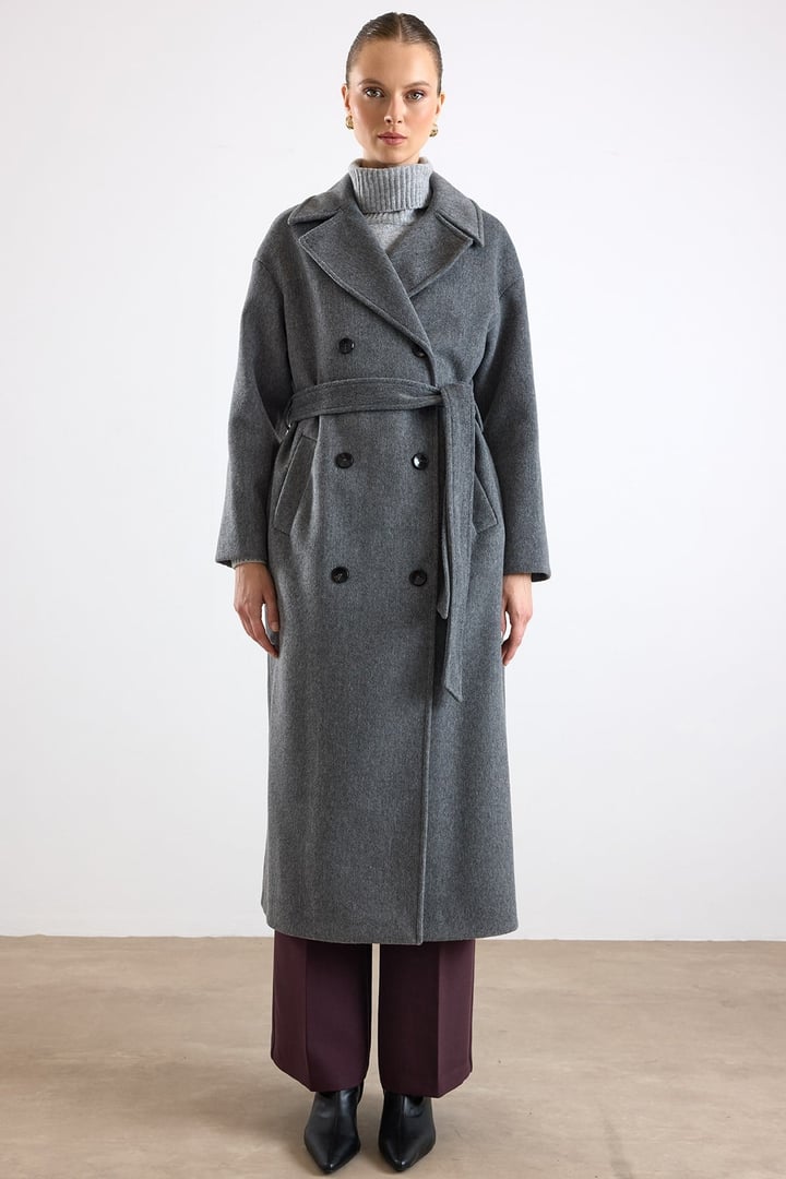 Oversize Düşük Kol Kruvaze Kaban KOYU GRİ 3173