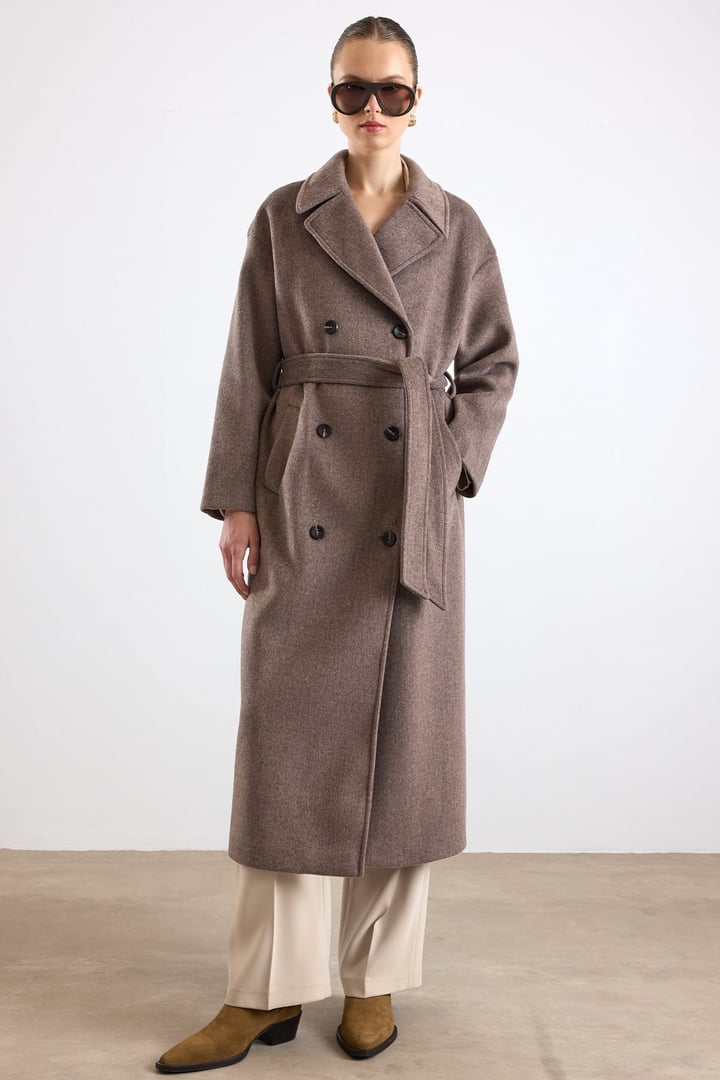 Oversize Düşük Kol Kruvaze Kaban LATTE 3173