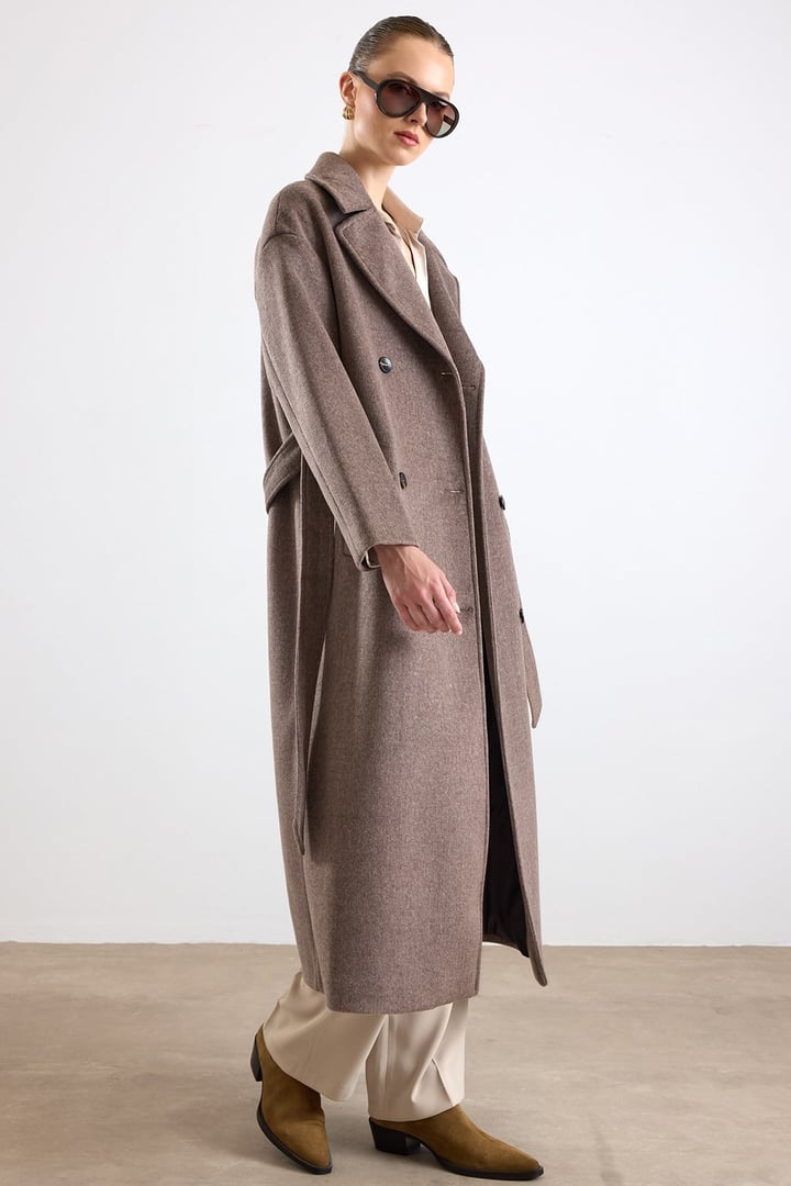 Oversize Düşük Kol Kruvaze Kaban LATTE 3173