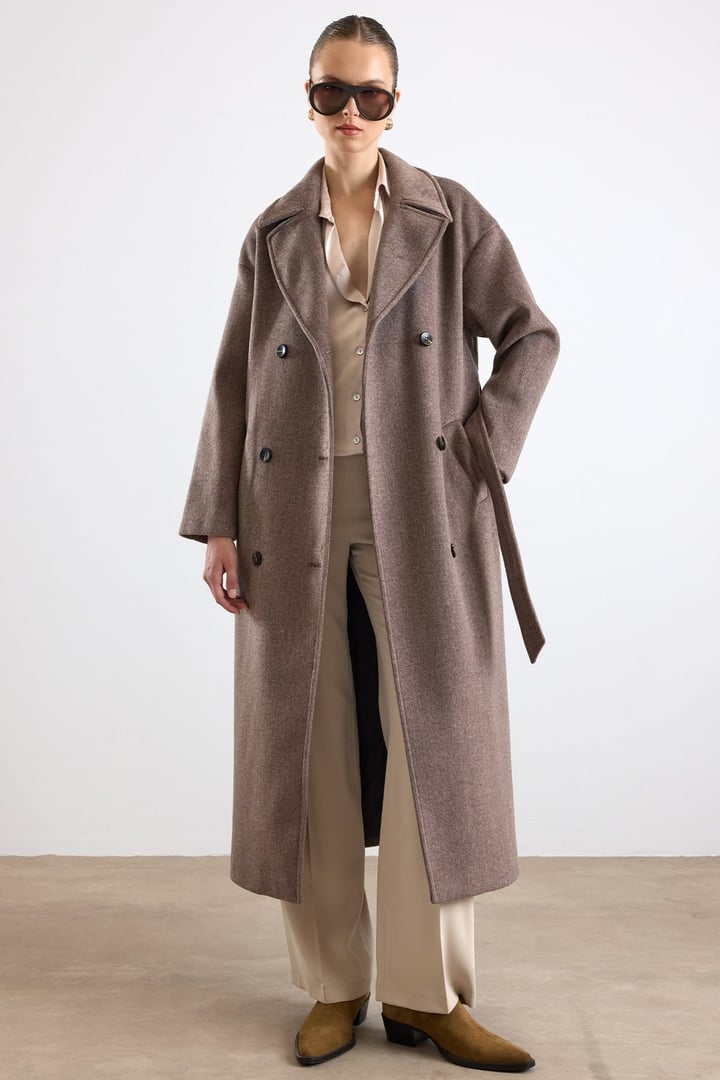 Oversize Düşük Kol Kruvaze Kaban LATTE 3173