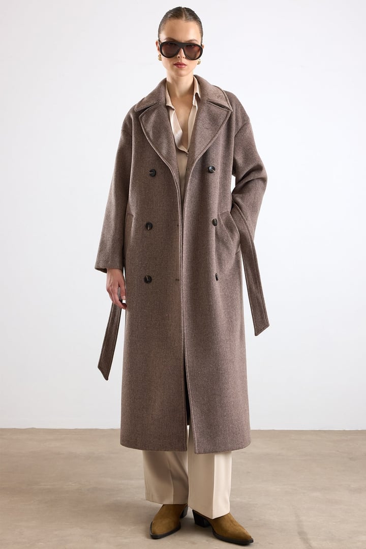 Oversize Düşük Kol Kruvaze Kaban LATTE 3173