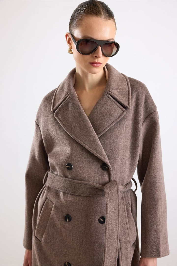 Oversize Düşük Kol Kruvaze Kaban LATTE 3173
