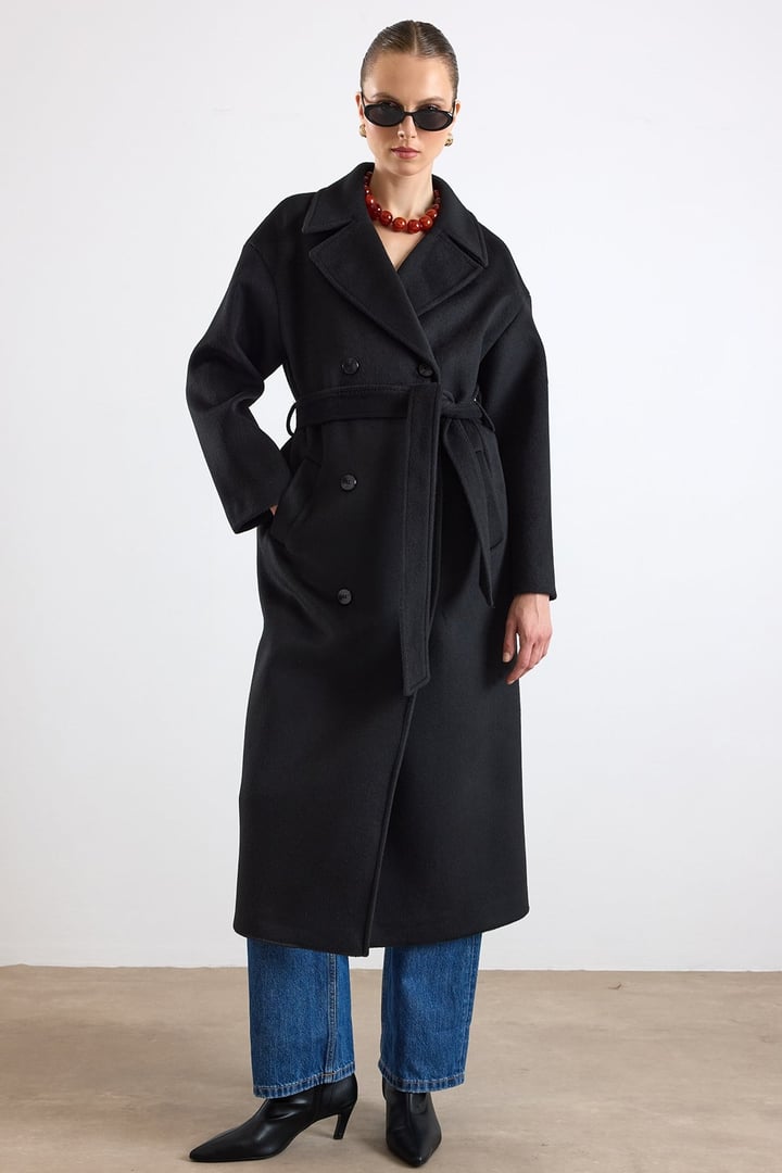 Oversize Düşük Kol Kruvaze Kaban SİYAH 3173