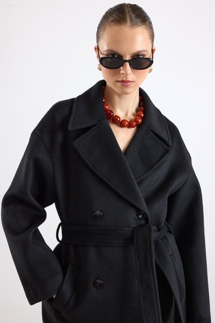 Oversize Düşük Kol Kruvaze Kaban SİYAH 3173