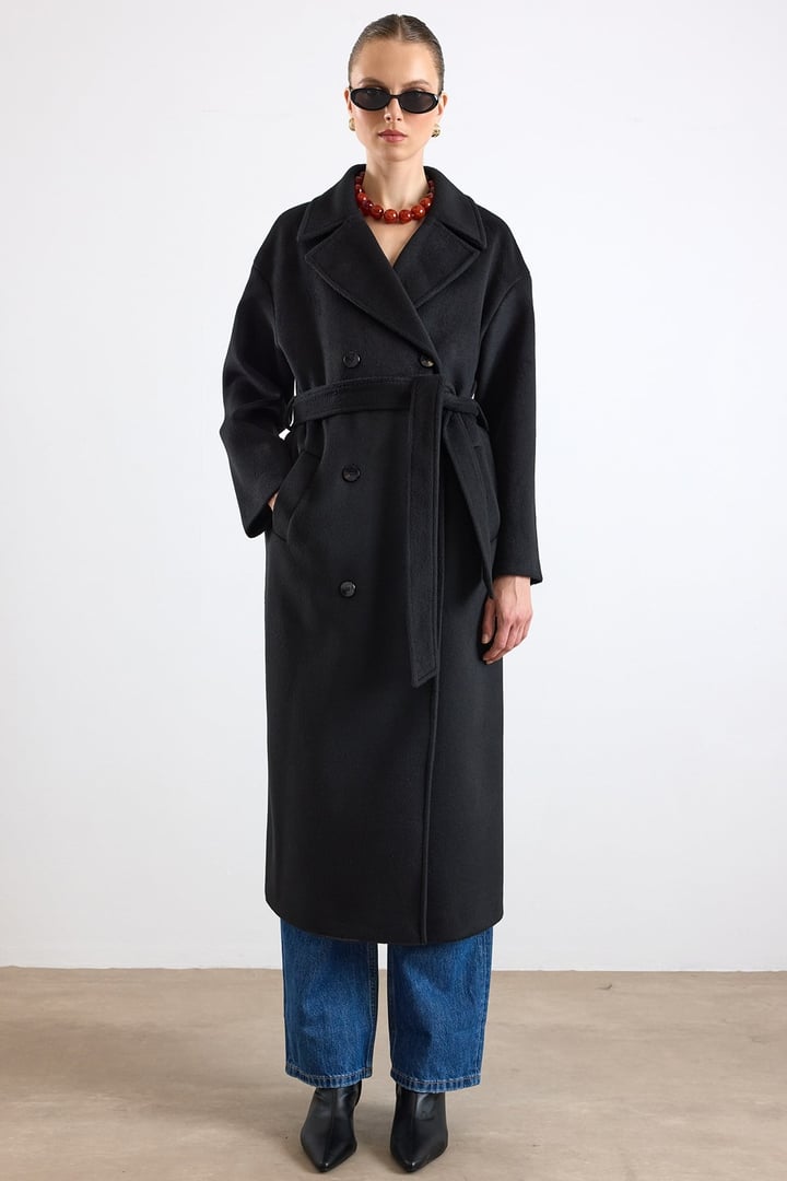 Oversize Düşük Kol Kruvaze Kaban SİYAH 3173