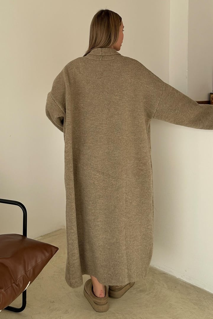 Oversize Kalın Triko Uzun Hırka VİZON 8274