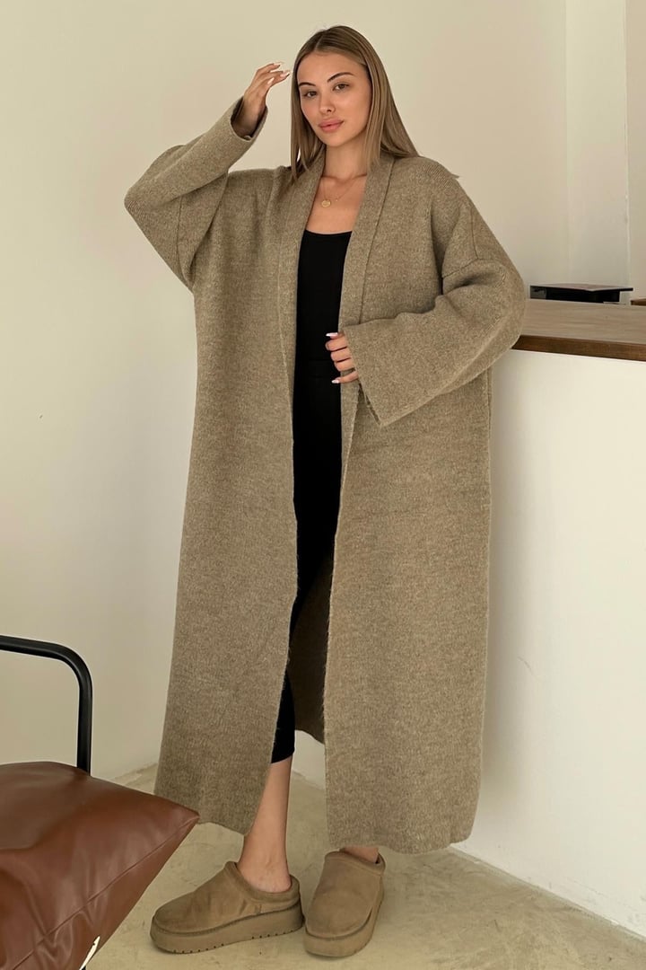 Oversize Kalın Triko Uzun Hırka VİZON 8274