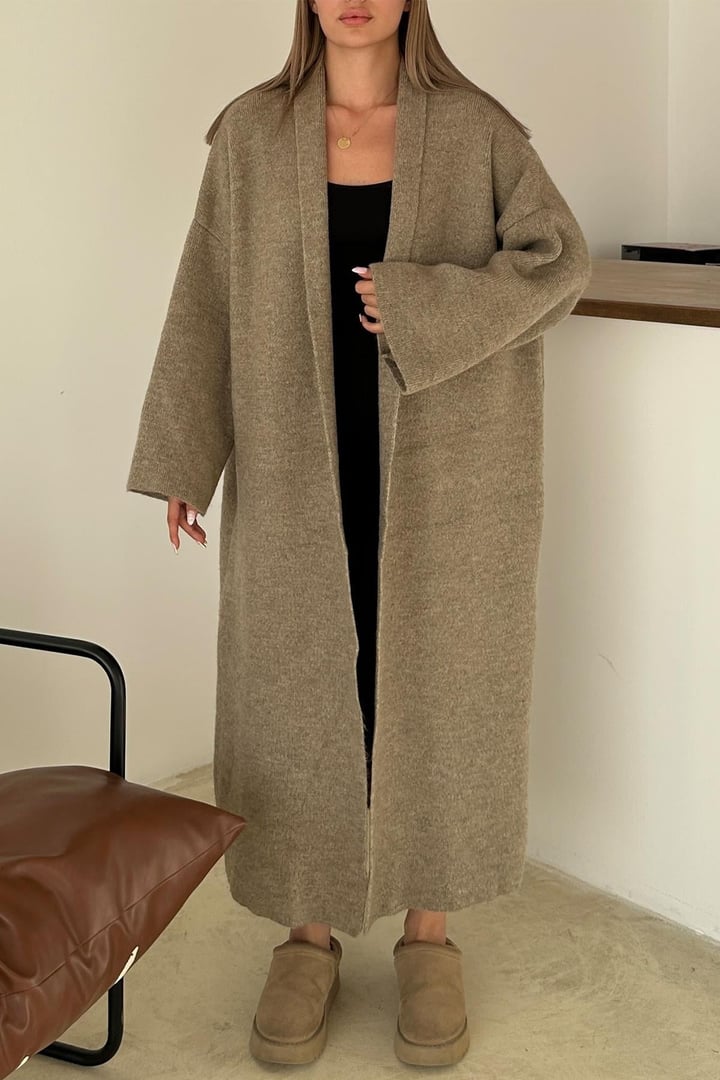 Oversize Kalın Triko Uzun Hırka VİZON 8274