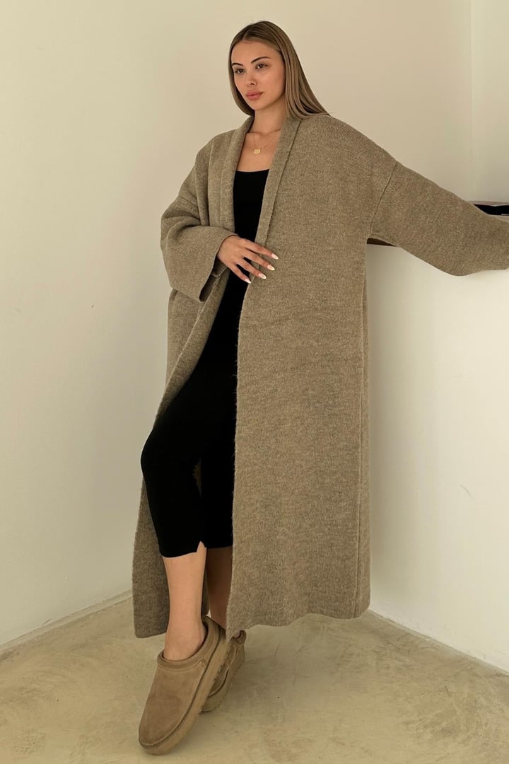 Oversize Kalın Triko Uzun Hırka VİZON 8274