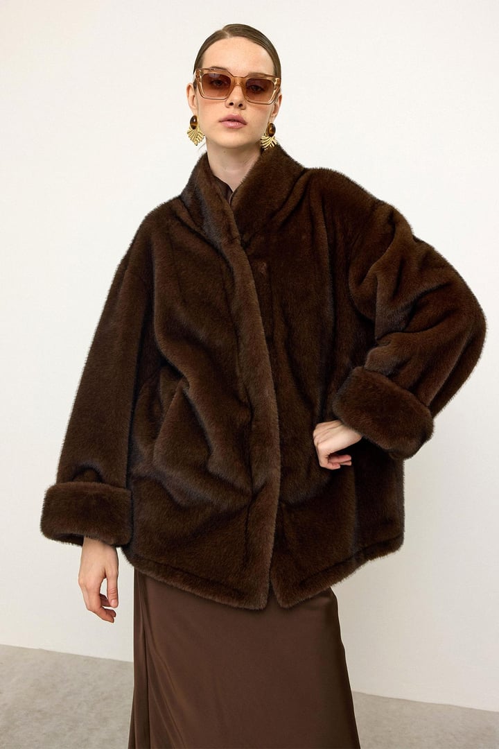 Oversize Kürk Görünümlü Exclusive Uzun Ceket K. KAHVE 1007