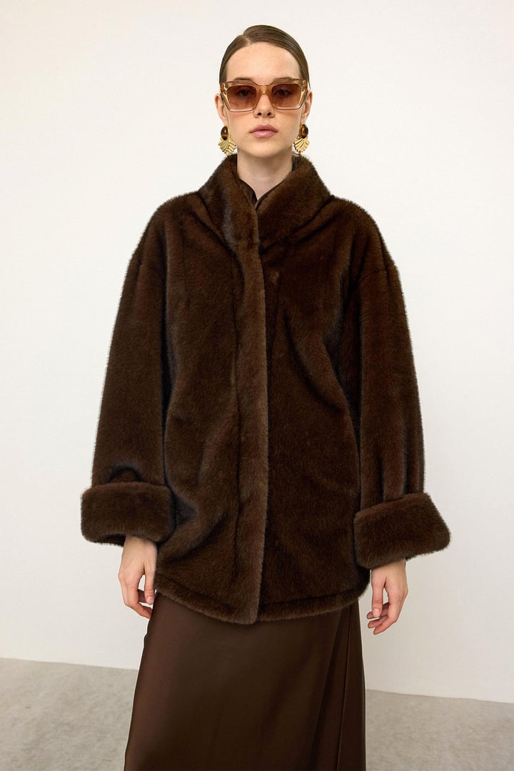 Oversize Kürk Görünümlü Exclusive Uzun Ceket K. KAHVE 1007