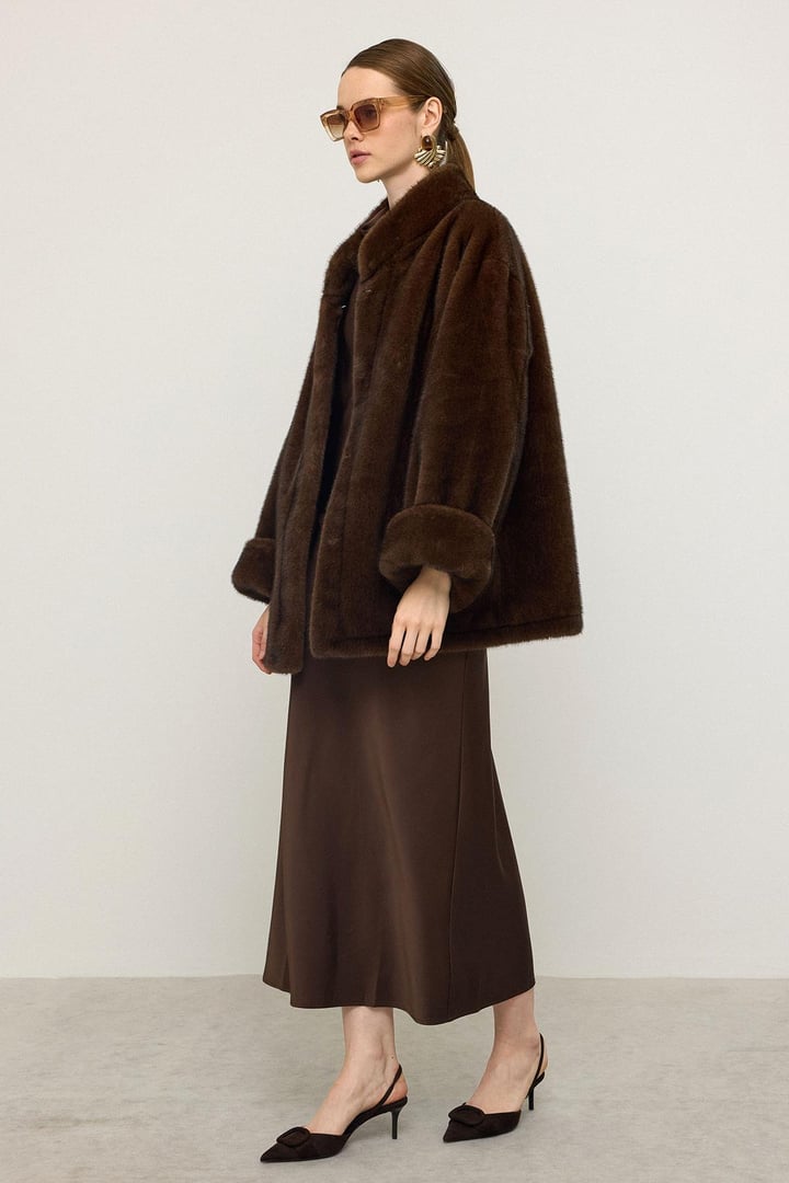 Oversize Kürk Görünümlü Exclusive Uzun Ceket K. KAHVE 1007