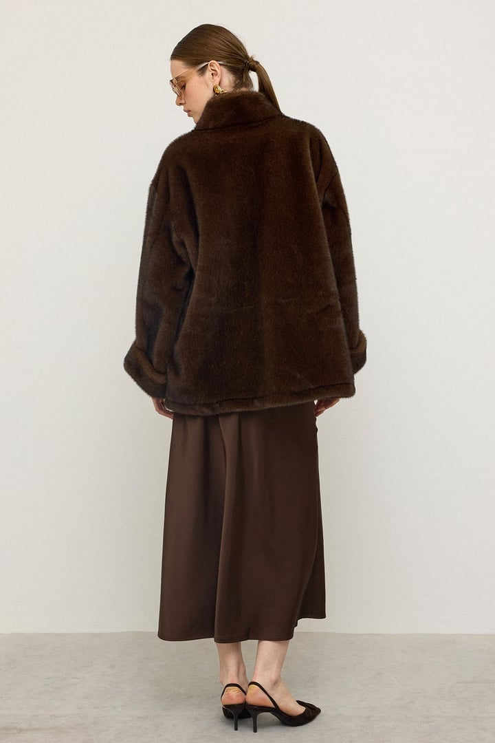 Oversize Kürk Görünümlü Exclusive Uzun Ceket K. KAHVE 1007