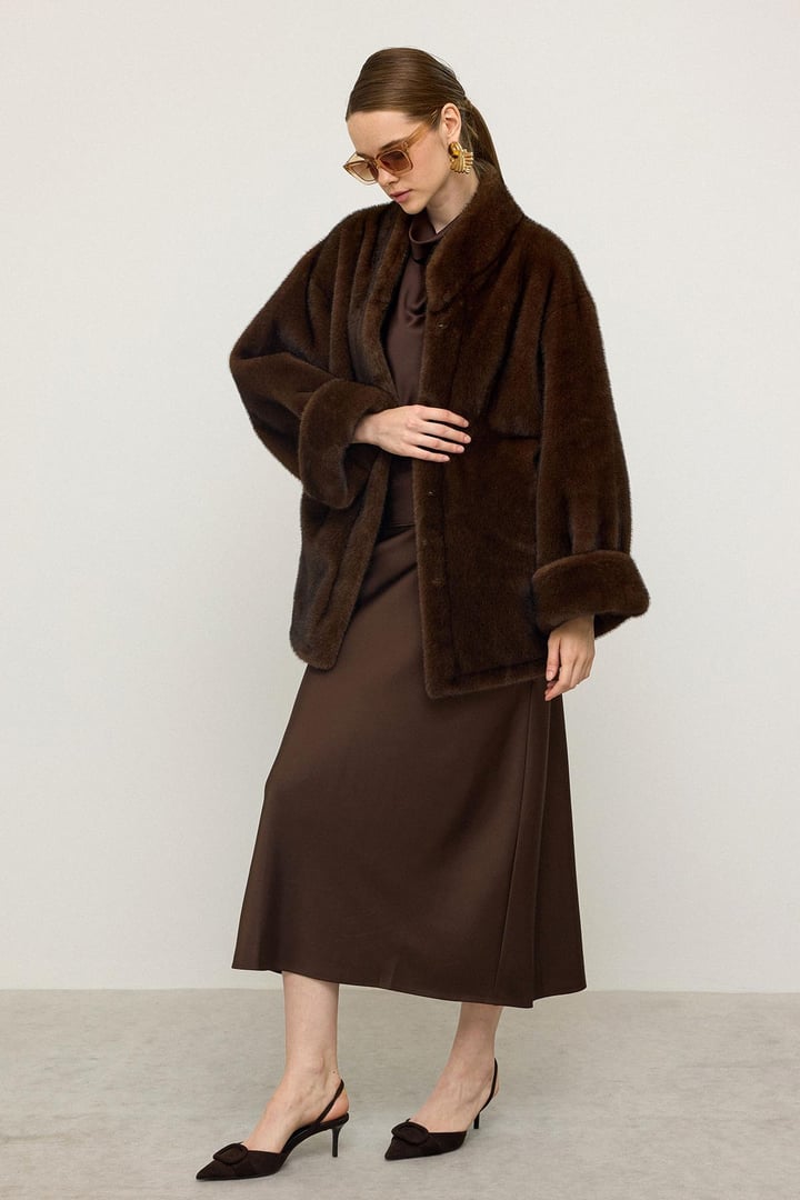Oversize Kürk Görünümlü Exclusive Uzun Ceket K. KAHVE 1007