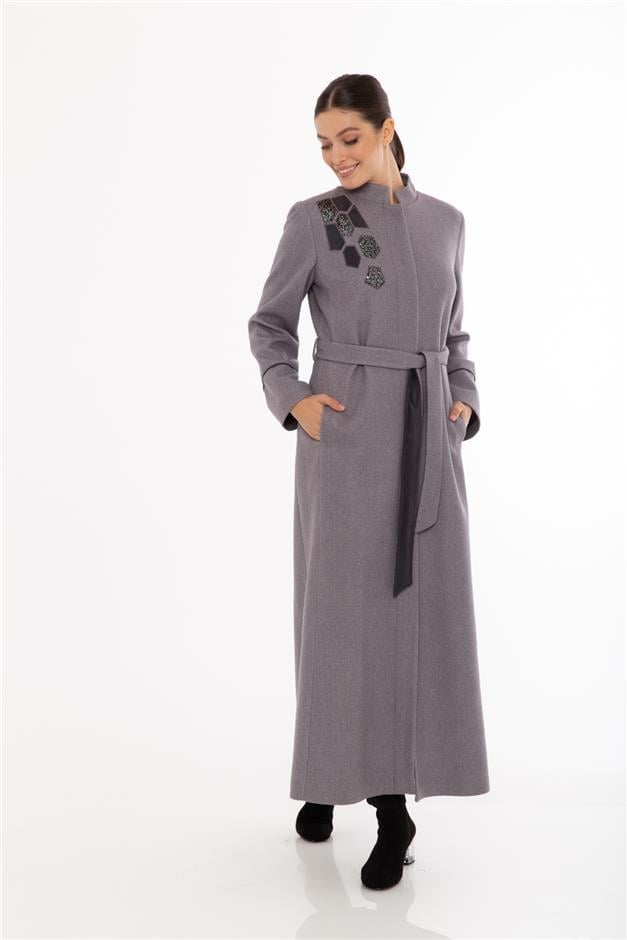 PAYET VE SÜET İŞLEMELİ KEÇE PARDESÜ GRİ 5979