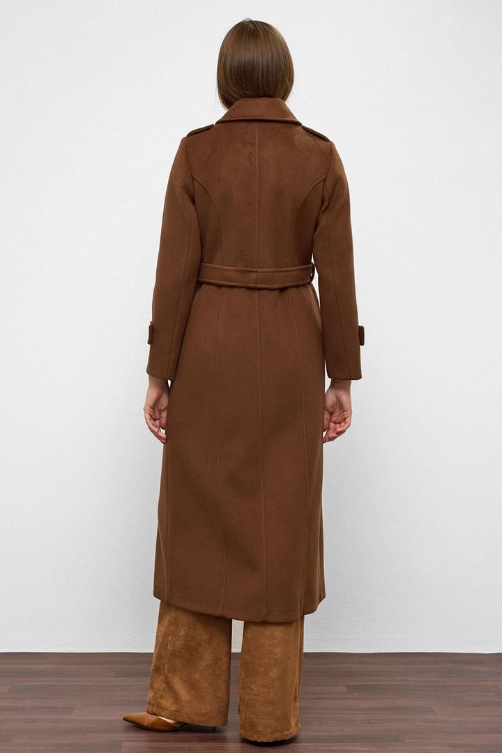 Double-Breasted Long Coat with Cape Detail TOBACCO 3087